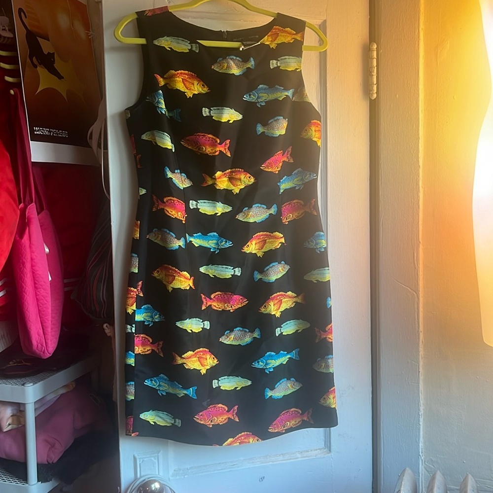 100% silk multicolored dress. Rainbow fish!
